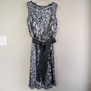 Tadashi Shoji Size 4 Elegant Black and Silver Lace Dress With Waist Tie